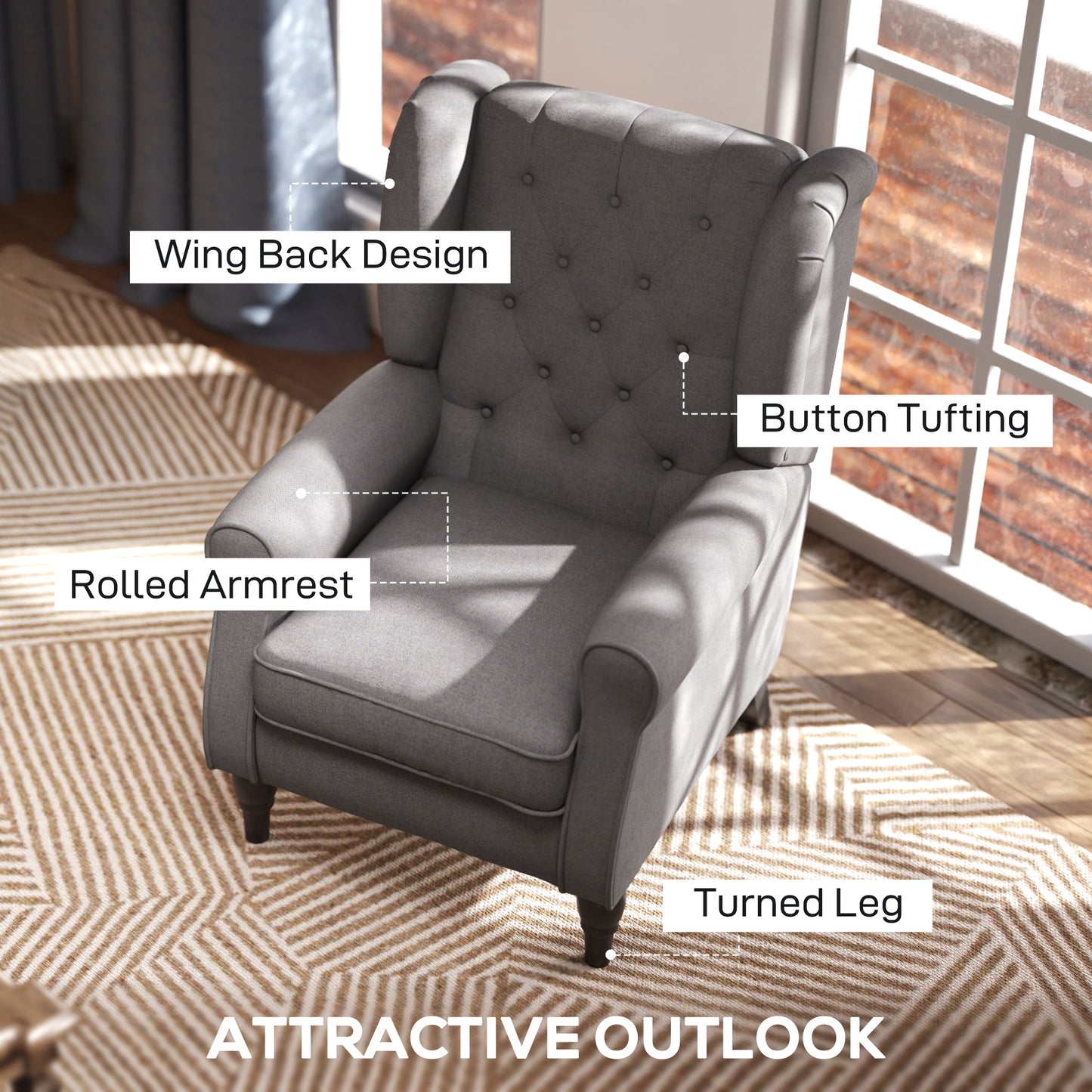 Fabric Accent Chair, Button Tufted Armchair, Armchair with Wood Legs, Thick Padding for Bedroom, Charcoal Grey