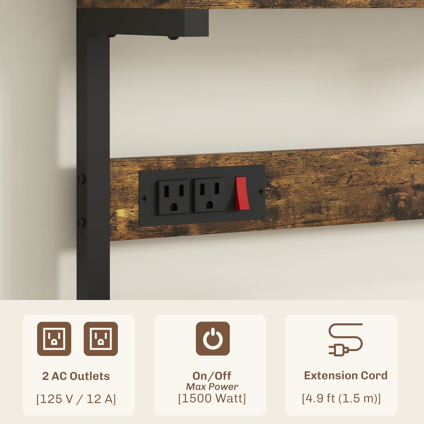 Kitchen Baker's Rack with Power Outlet, Coffee Bar Station with Adjustable Shelves and Hooks, Rustic Brown
