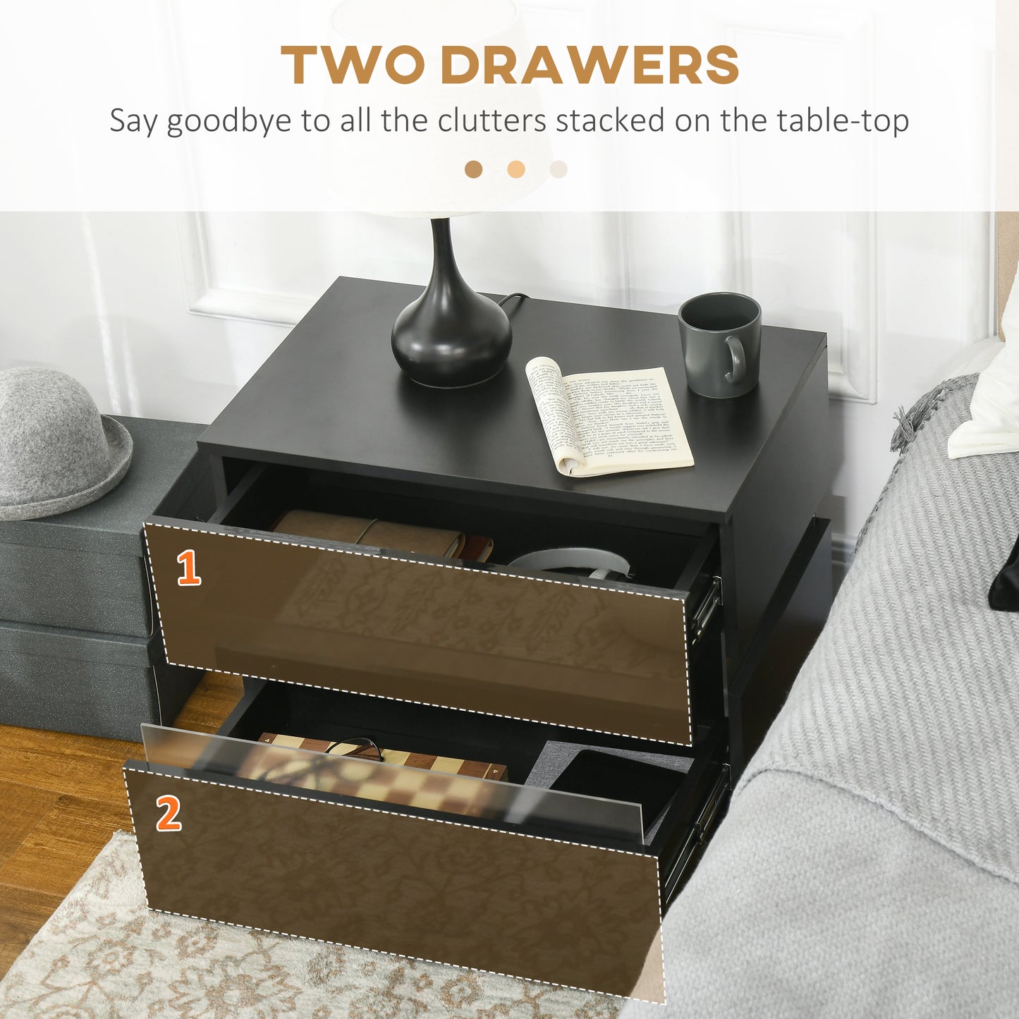 Modern Nightstand, Bedside Table with 2 Drawers, USB Powered RGB LED Lights for Bedroom, Black