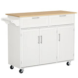 48" Kitchen Island with Storage and Solid Wood Top, Rolling Kitchen Cart on Wheels with 2 Storage Drawers, 3 Doors and Towel Rack for Dining Room, White