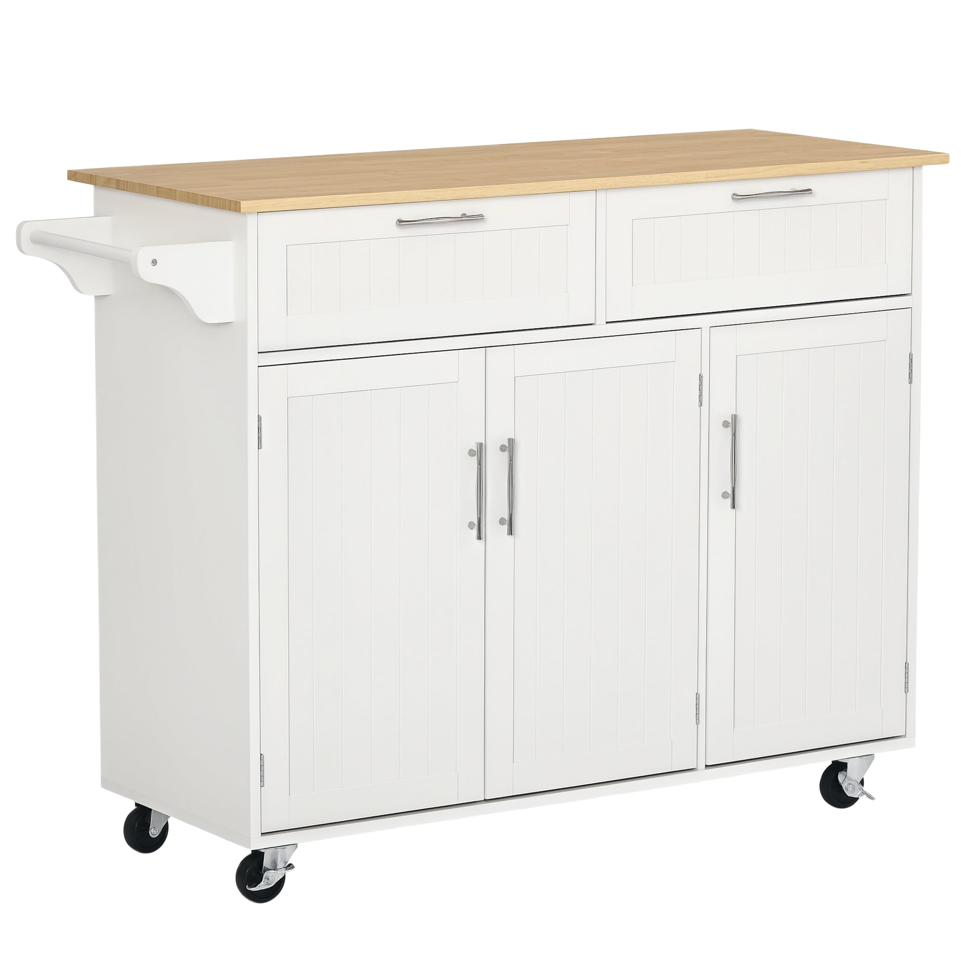 48" Kitchen Island with Storage and Solid Wood Top, Rolling Kitchen Cart on Wheels with 2 Storage Drawers, 3 Doors and Towel Rack for Dining Room, White