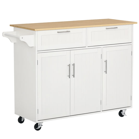 48" Kitchen Island with Storage and Solid Wood Top, Rolling Kitchen Cart on Wheels with 2 Storage Drawers, 3 Doors and Towel Rack for Dining Room, White