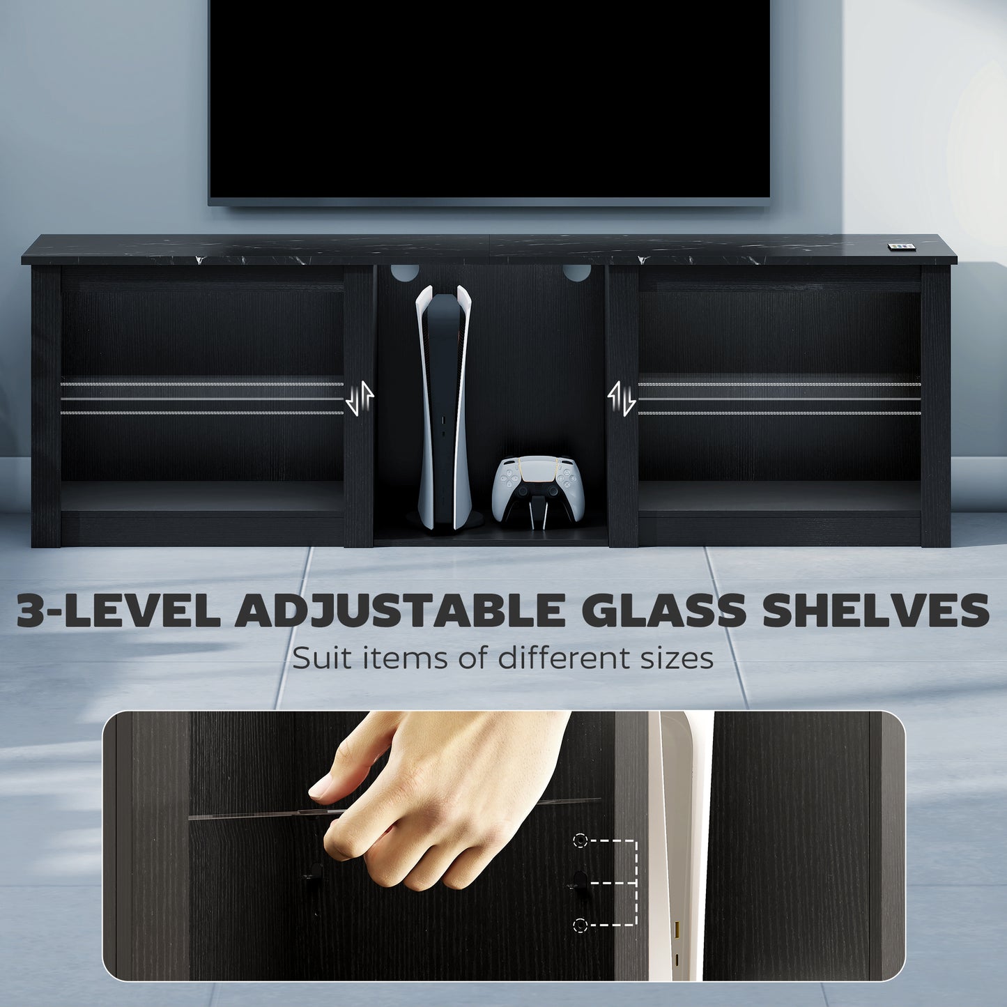 TV Stand with LED Lights, Modern Entertainment Center with Adjustable Glass Shelves, for TVs up to 65 Inch, Black