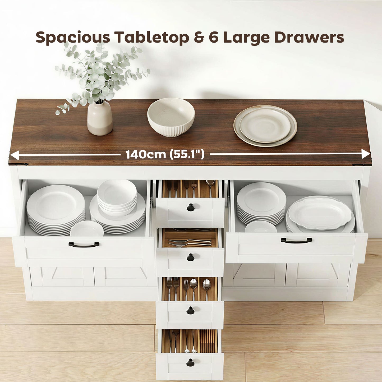 Sideboard Buffet Cabinet, 55" Farmhouse Kitchen Cabinet with 4 Barn Doors, 6 Drawers and 2 Adjustable Shelves, White