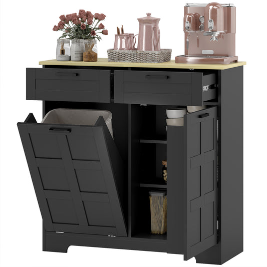 13 Gallon Tilt Out Garbage Cabinet, Kitchen Island with Trash Cabinet, 2 Drawers, Door Racks, Adjustable Shelves, Black