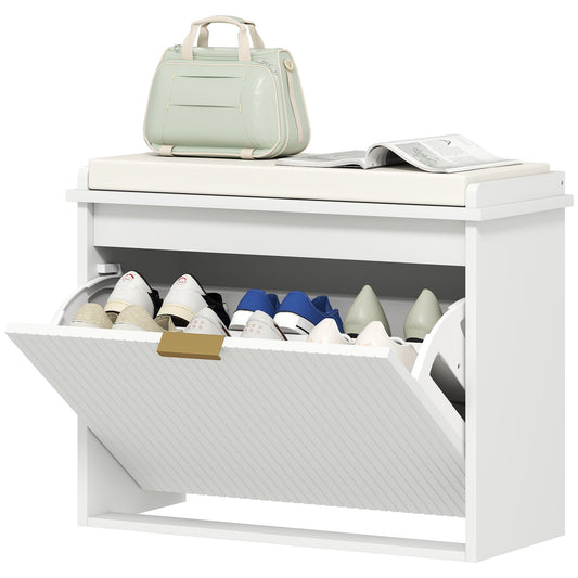 Entryway Bench with Padded Seat and Flip-Drawers, Holds up to 265lbs, Shoe Storage Bench for 6 Pairs of Shoes, White