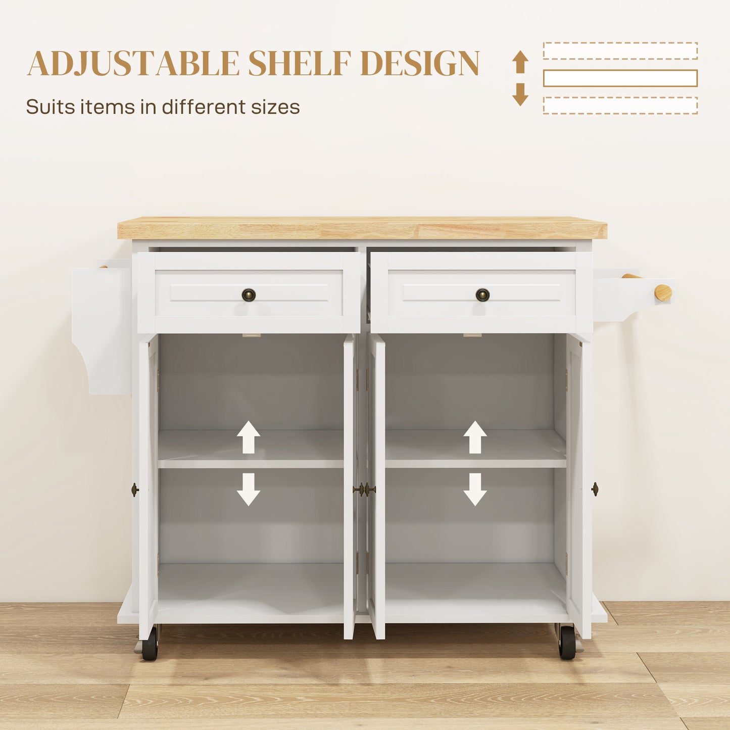 Kitchen Island with Storage, Rolling Trolley Cart with Rubber Wood Top, Spice Rack, Towel Rack, Cream White