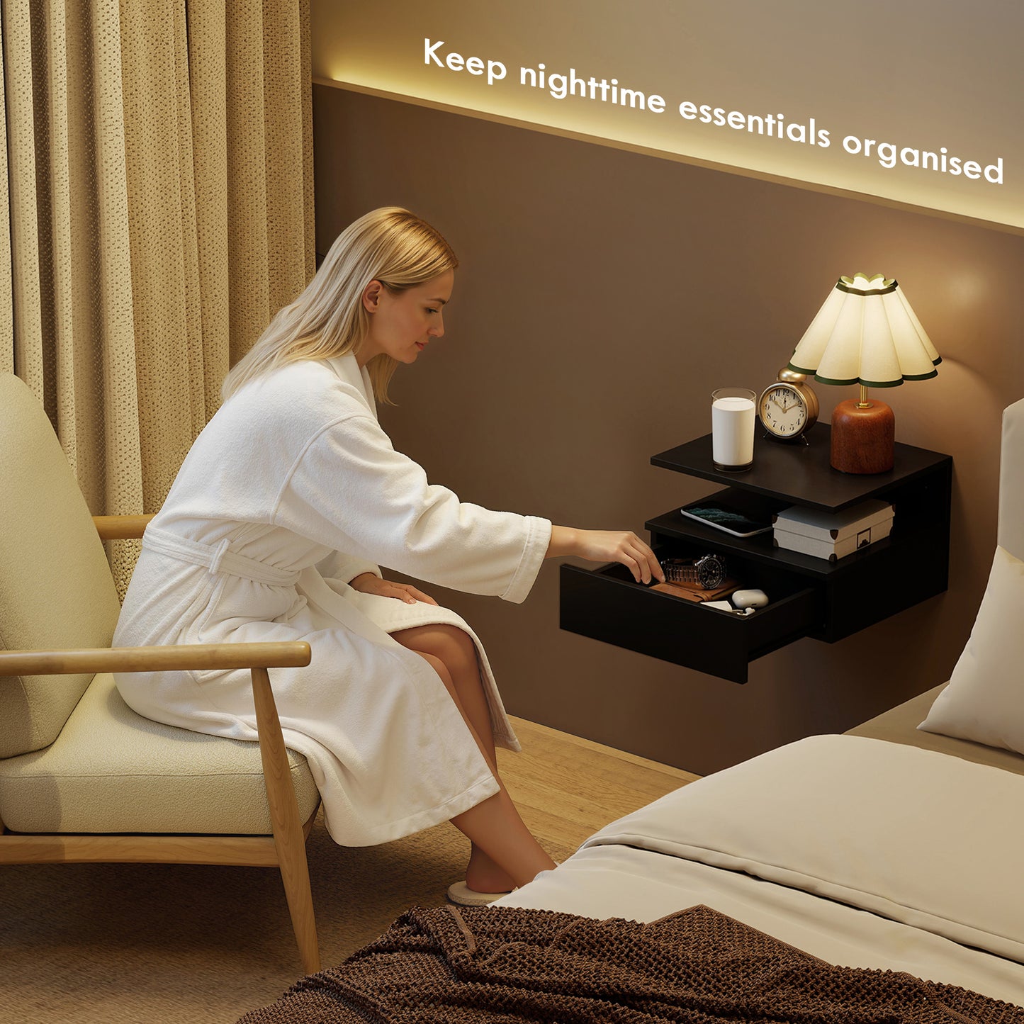 Floating Nightstand Set of 2, Wall Mounted Bedside Table with Drawer and Shelf, Small Night Stand for Bedroom, Black