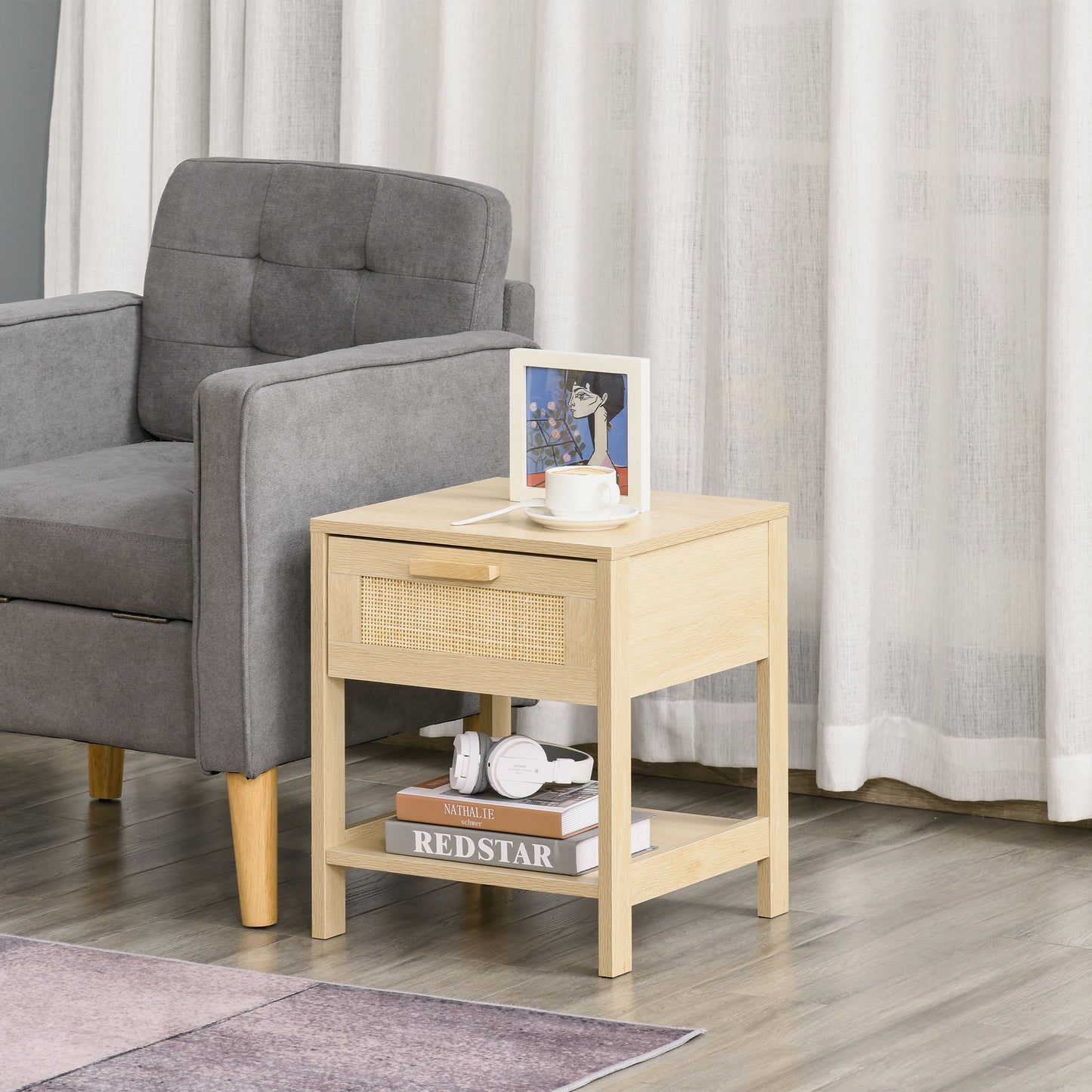 Narrow Nightstand with Rattan Elements, Bedside Table with Drawer and Storage Shelf for Bedroom, Natural