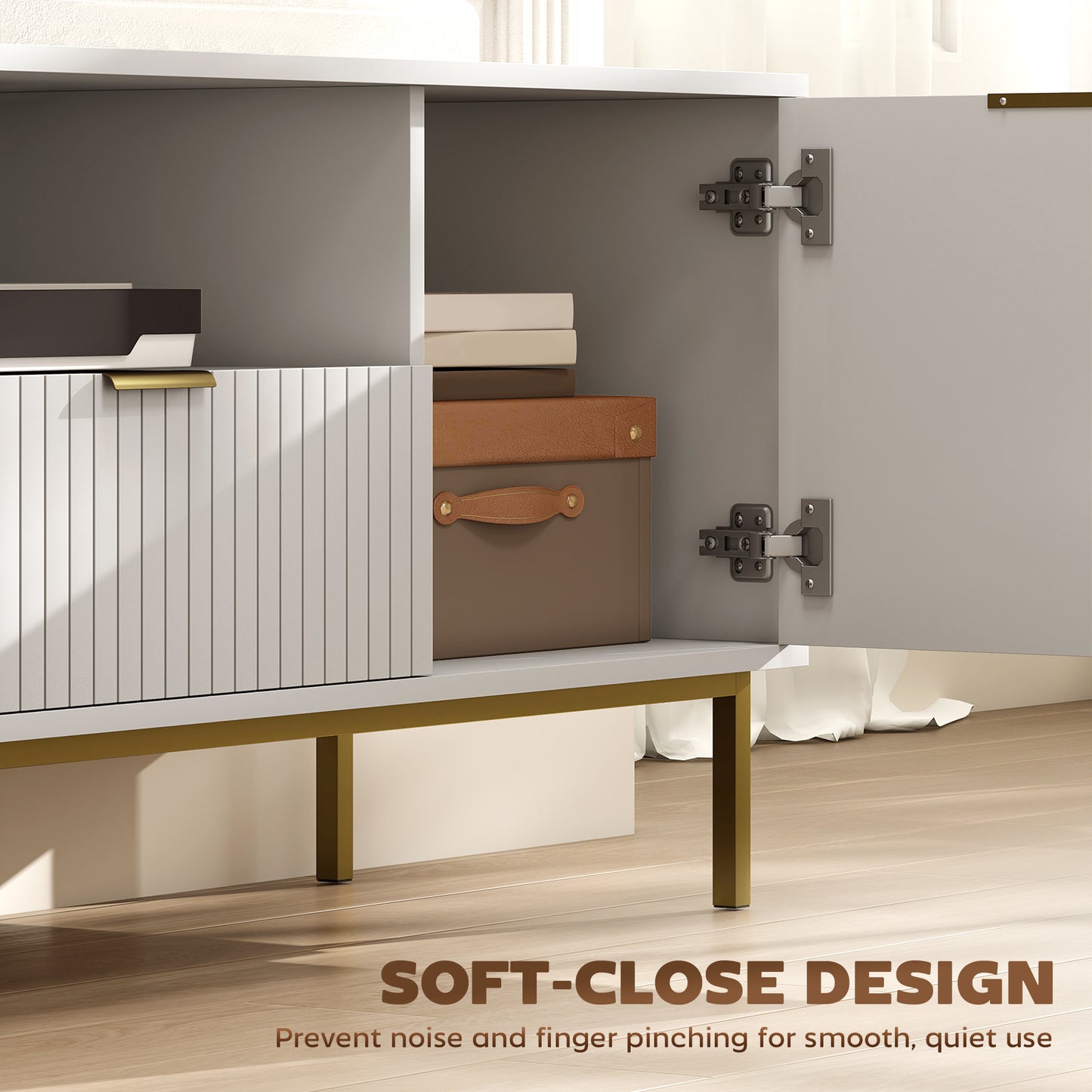 Modern TV Console for TVs up to 60 Inch, Entertainment Center with Smart RGB LED Lights and Soft Close Doors, White