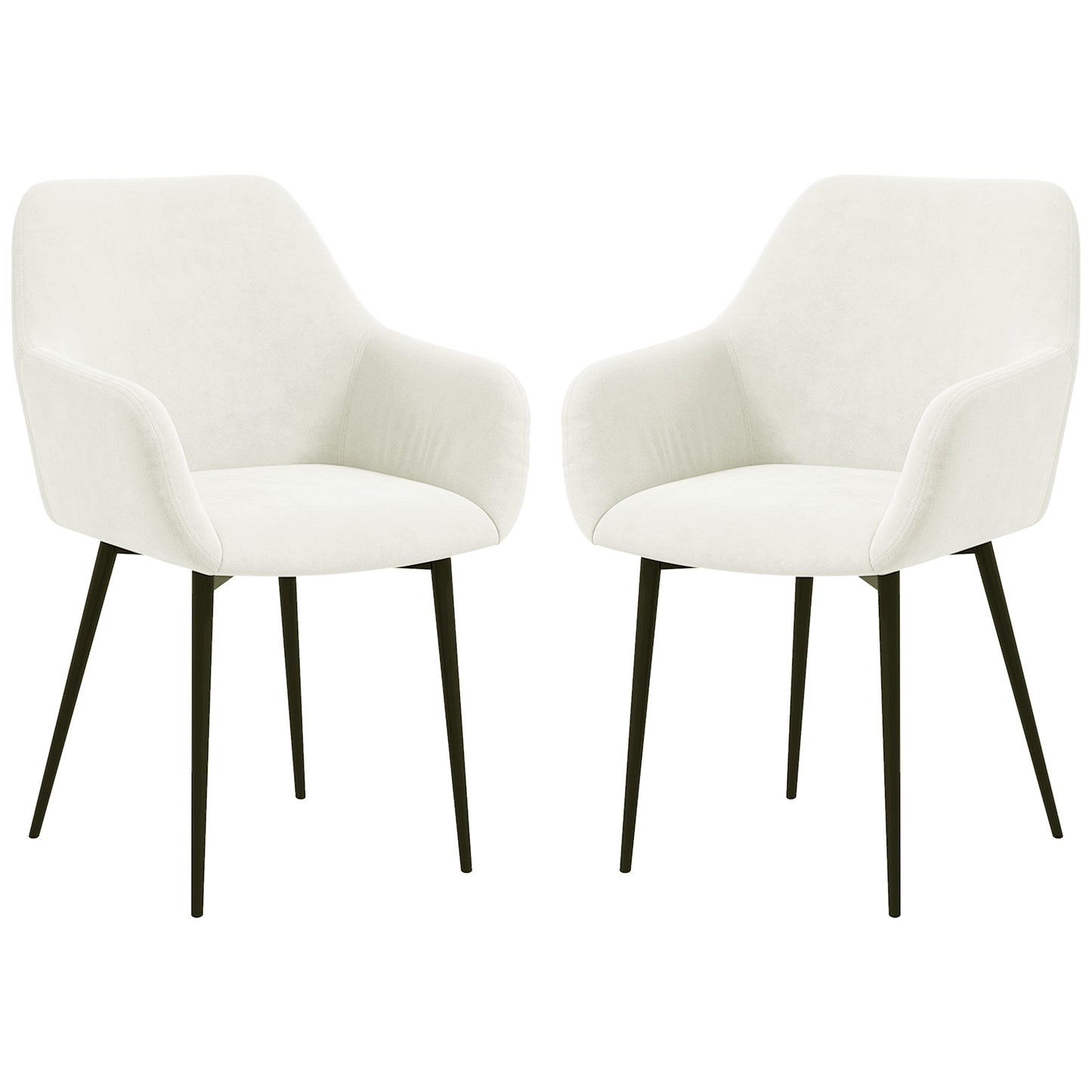 Dining Chairs Set of 2, Velvet-look Fabric Upholstered Kitchen Chairs with Backrest, Armrests and Steel Legs, Cream White