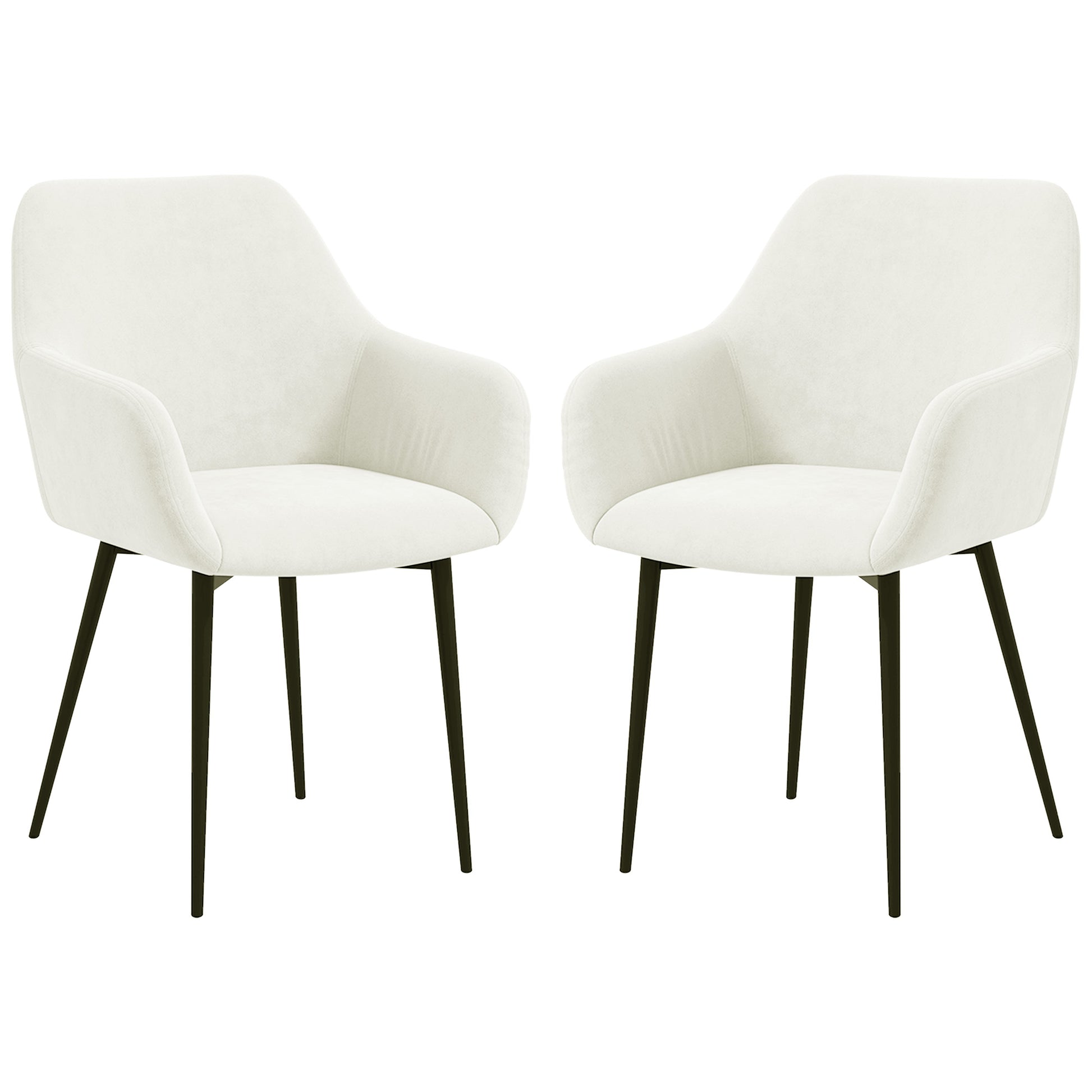 Dining Chairs Set of 2, Velvet-look Fabric Upholstered Kitchen Chairs with Backrest, Armrests and Steel Legs, Cream White