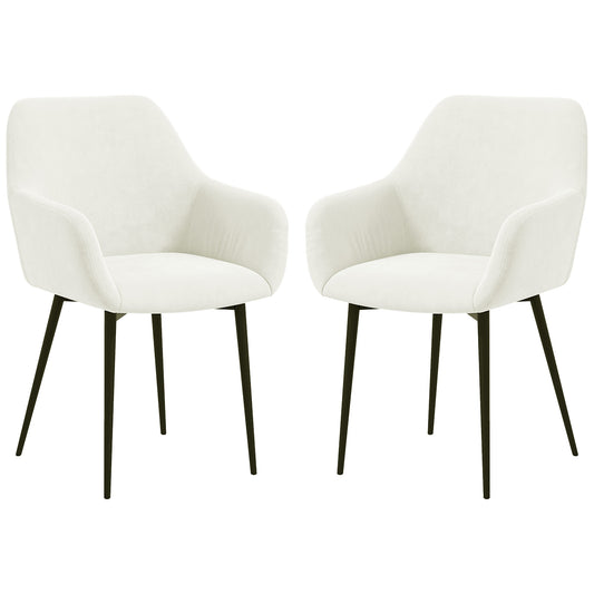 Dining Chairs Set of 2, Velvet-look Fabric Upholstered Kitchen Chairs with Backrest, Armrests and Steel Legs, Cream White