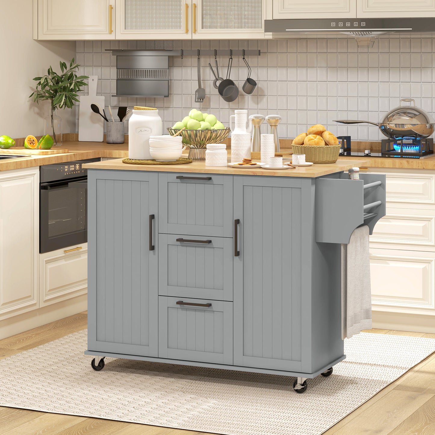 Rolling Kitchen Cart on Wheels with Drop Leaf, Kitchen Island with 3 Drawers, Solid Wood Top and Towel Rack, Grey
