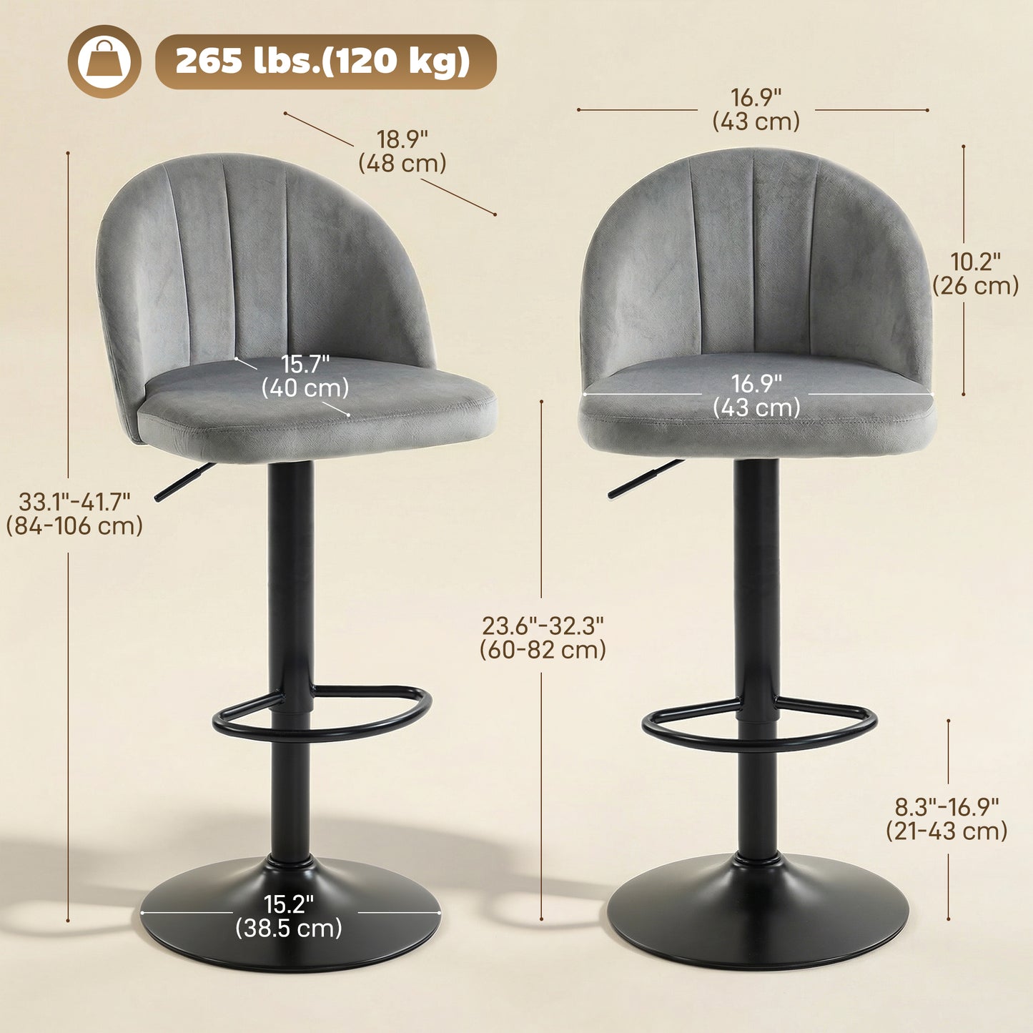 Bar Stools Set of 2, Swivel Counter Height Barstools with Footrest, Grey