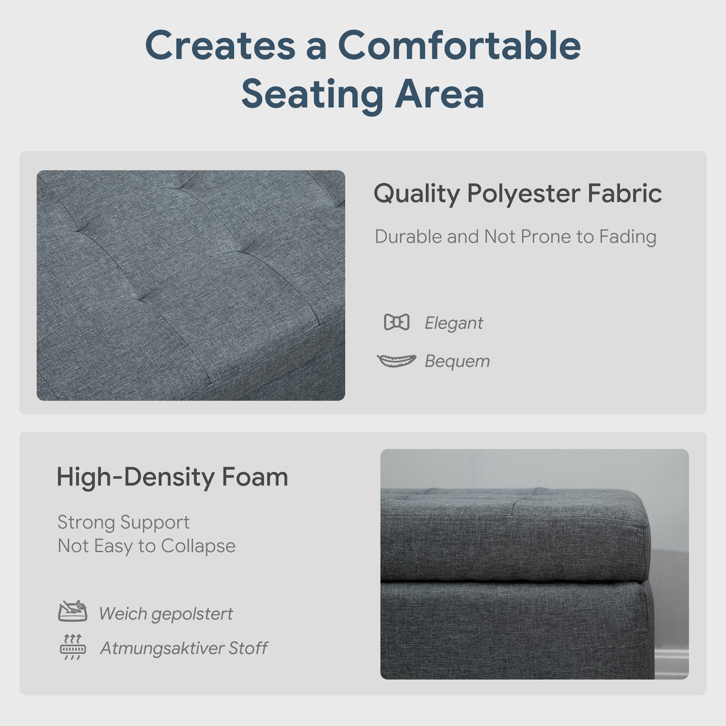 Rectangular Entry Bench, Tufted Upholstered Linen Fabric Wood Feet Storage Ottoman Bench, Grey