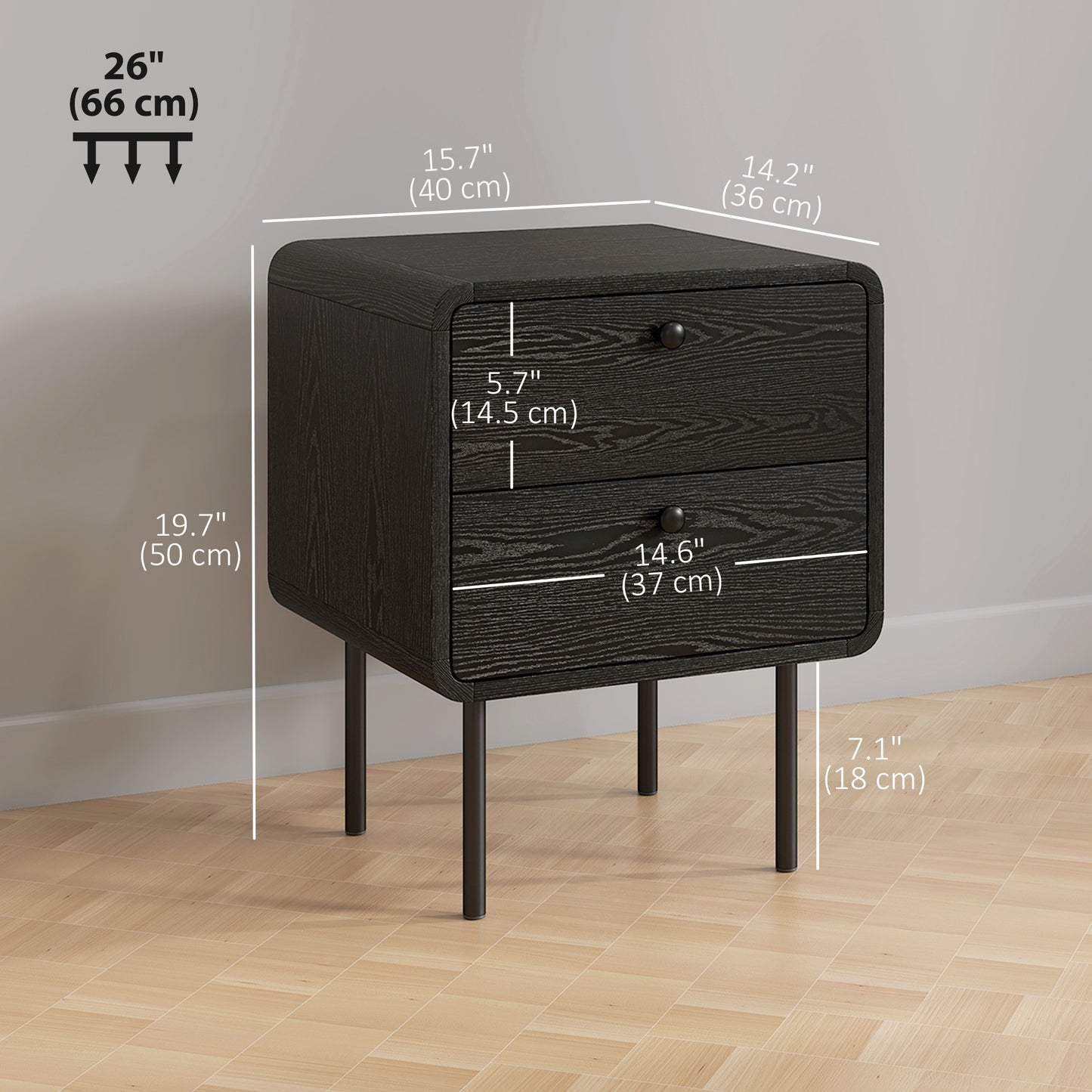 Modern Bedside Tables Set of 2, 2 Pieces Nightstands with 2 Storage Drawers and Steel Legs for Bedroom, Black Wood Grain