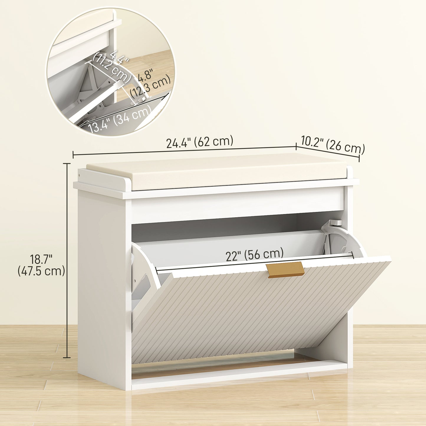 Entryway Bench with Padded Seat and Flip-Drawers, Holds up to 265lbs, Shoe Storage Bench for 6 Pairs of Shoes, White