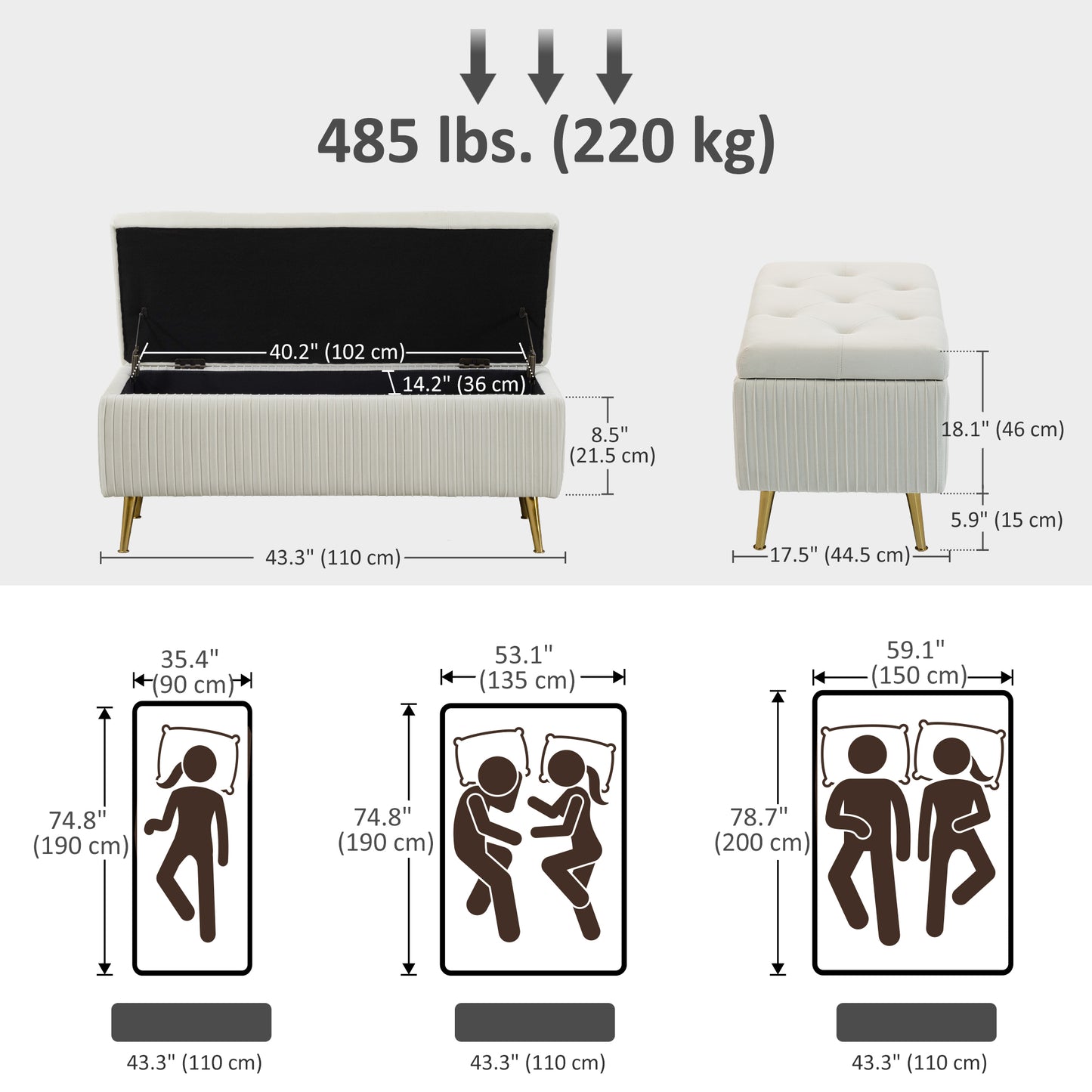 Storage Ottoman Bench, 43 Inch Large Storage Chest with Steel Legs and Padded Seat, Foot Rest, Load 485 lbs, Beige