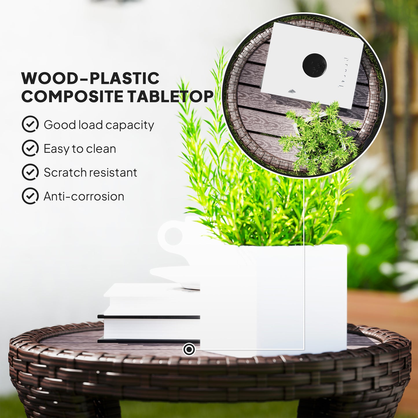 18" Wicker Outdoor Coffee Table, PE Rattan Patio Side Table with 2-Tier Storage, Composite Wood Top, Brown