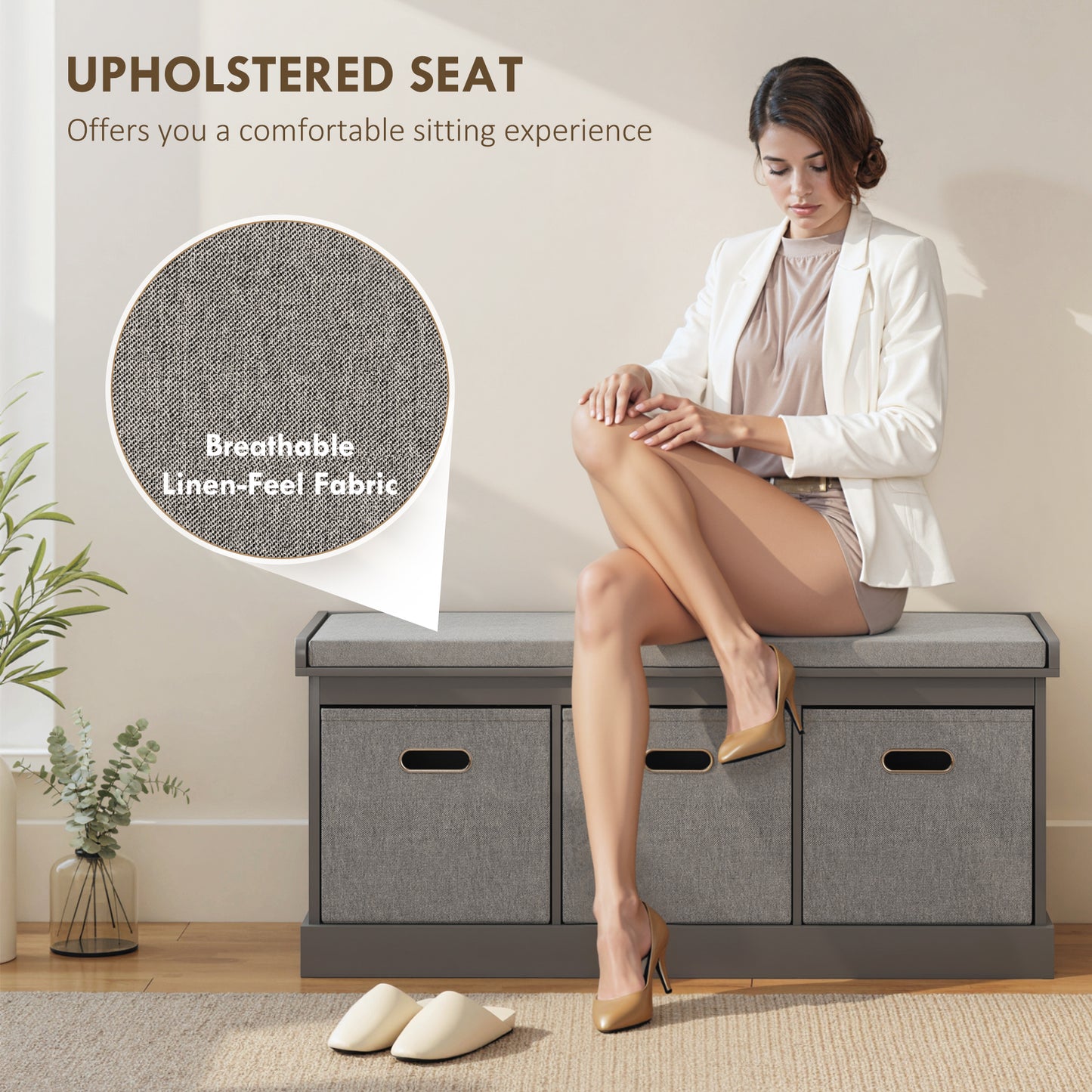Shoe Storage Bench with Seat, Entryway Bench Seat with Cushion, 3 Fabric Drawers for Hallway, Grey