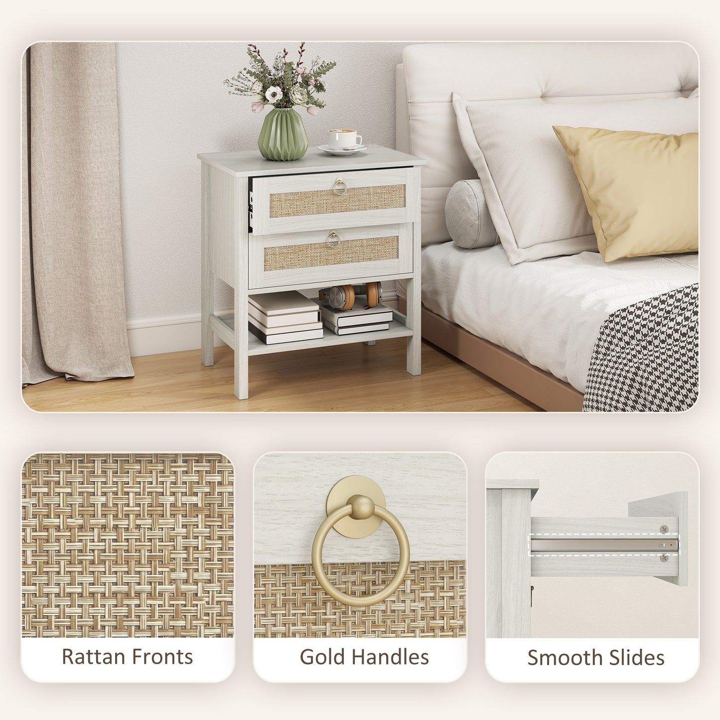 Set of 2 Boho Bedside Tables, Rattan Nightstands with 2 Drawers, Storage Shelf, End Side Tables for Bedroom, White Oak