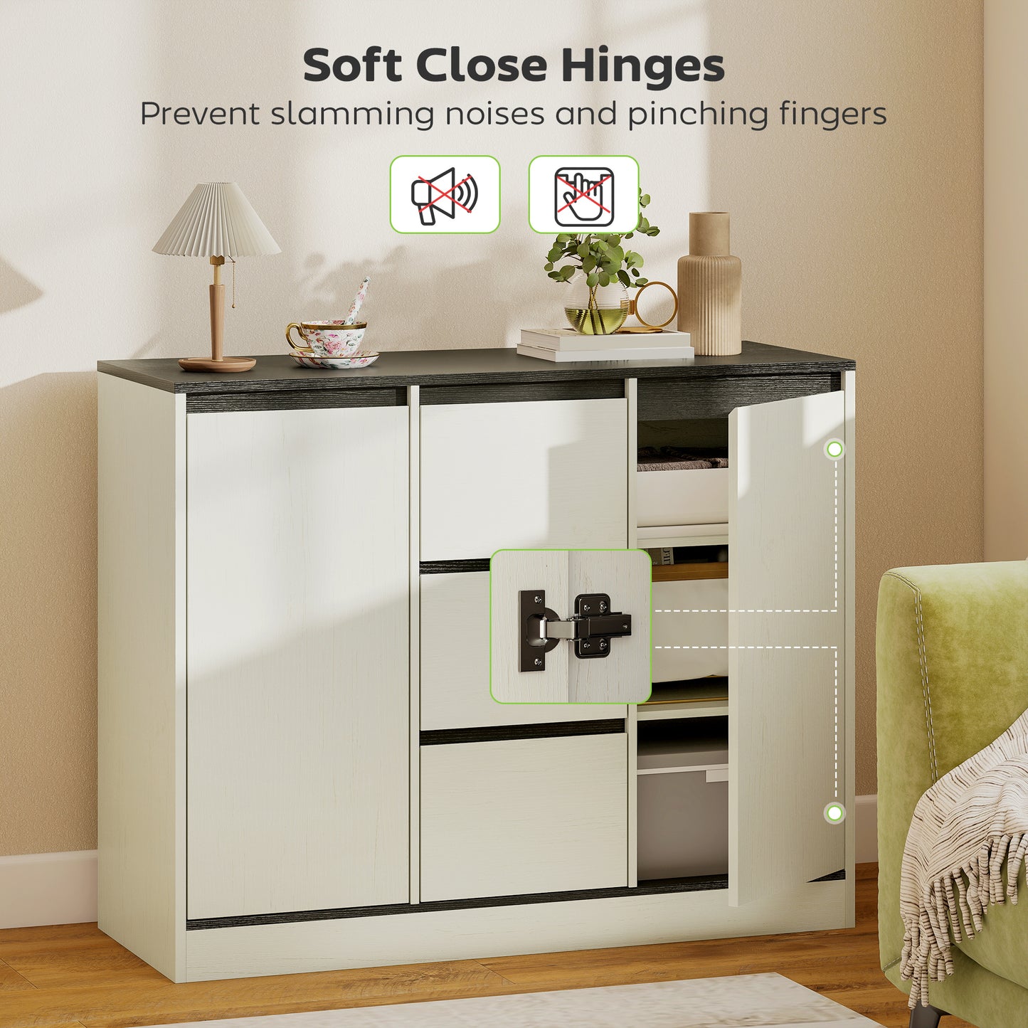 Buffet Cabinet with Soft-Close Hinges, Modern Sideboard with 3 Drawers and 2 Adjustable Shelves, White Wood Grain