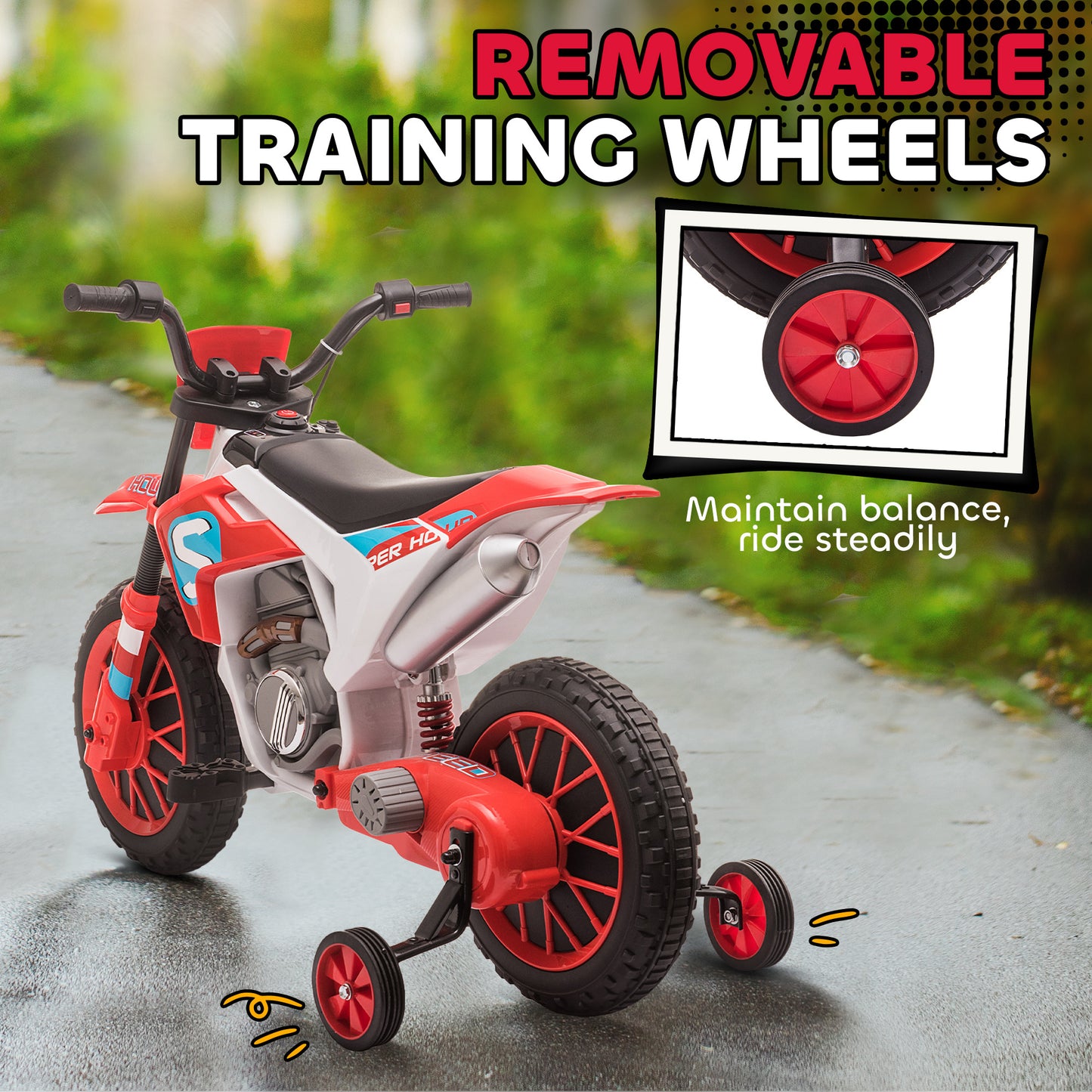 Aosom Kids Dirt Bike 12V Battery-Powered Ride-On Electric Motorcycle with Charging Battery, Training Wheels Red