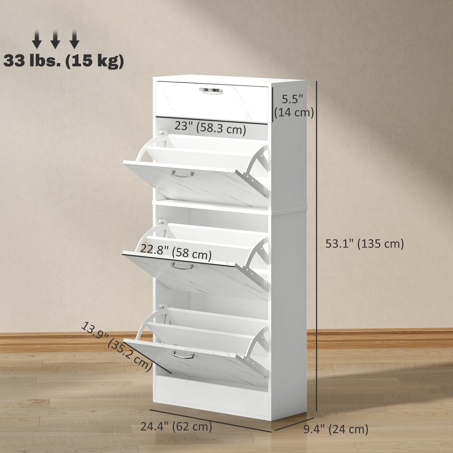 3 Flip Drawer Shoe Cabinet, Marble-Effect Narrow Shoe Storage Cabinet with Top Drawer and Adjustable Shelves, White