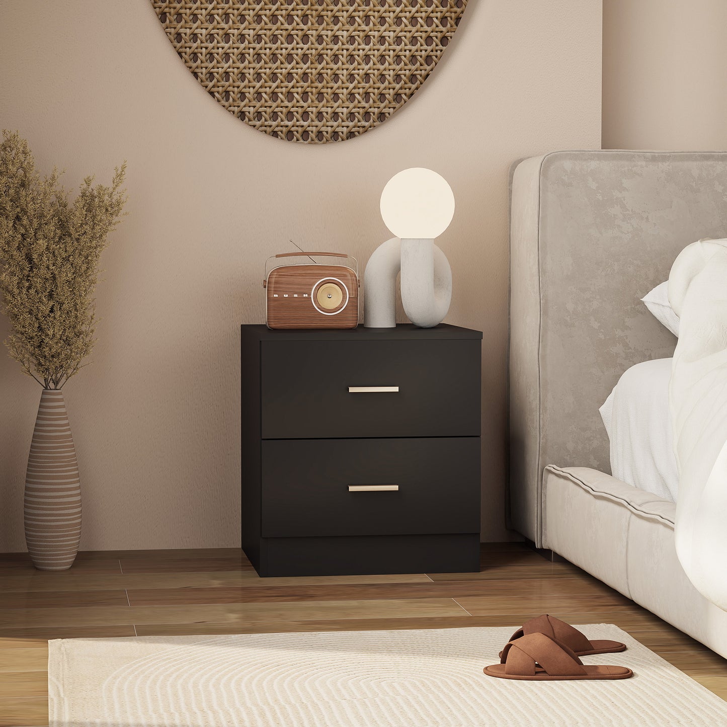 Bedside Table with 2 Drawers, Modern Nightstand for Bedroom, Black