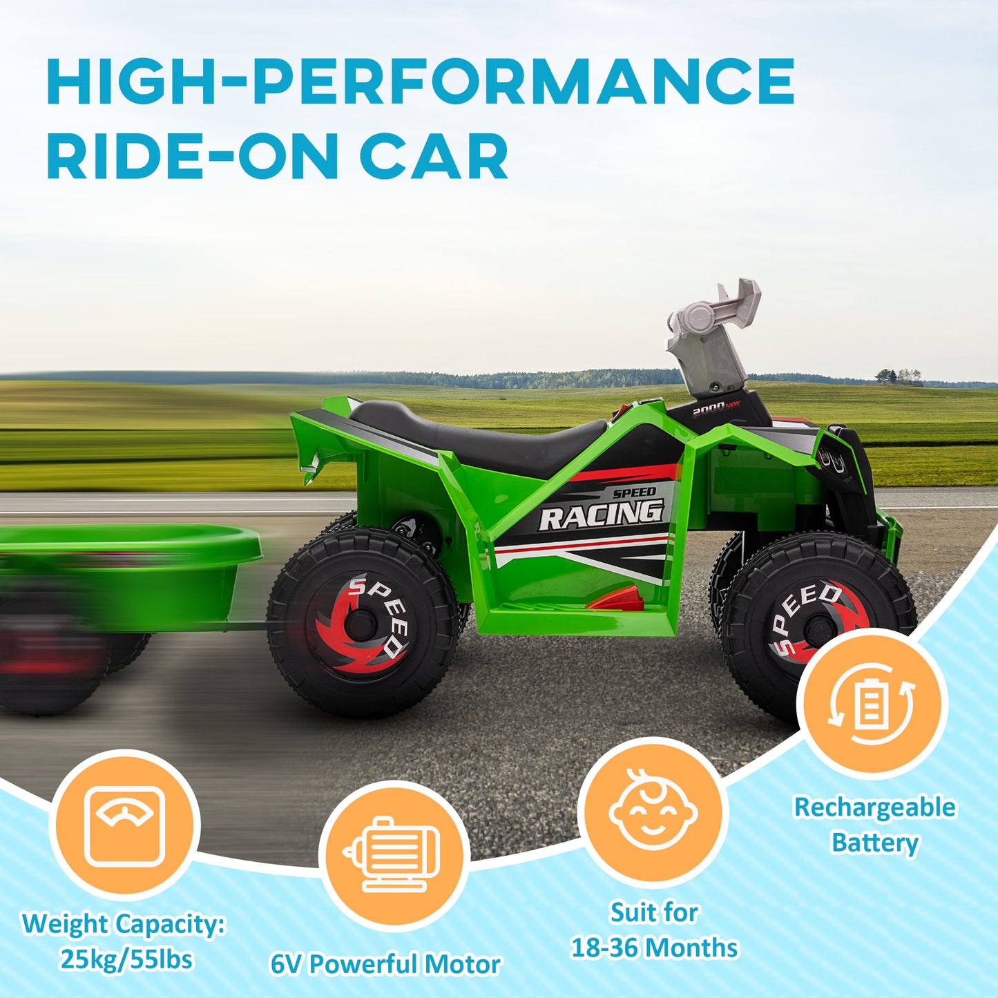 Aosom 6V Electric Toy Car with Back Trailer, Forward Backward, Wear-Resistant Wheels for Ages 18-36 Months, Green