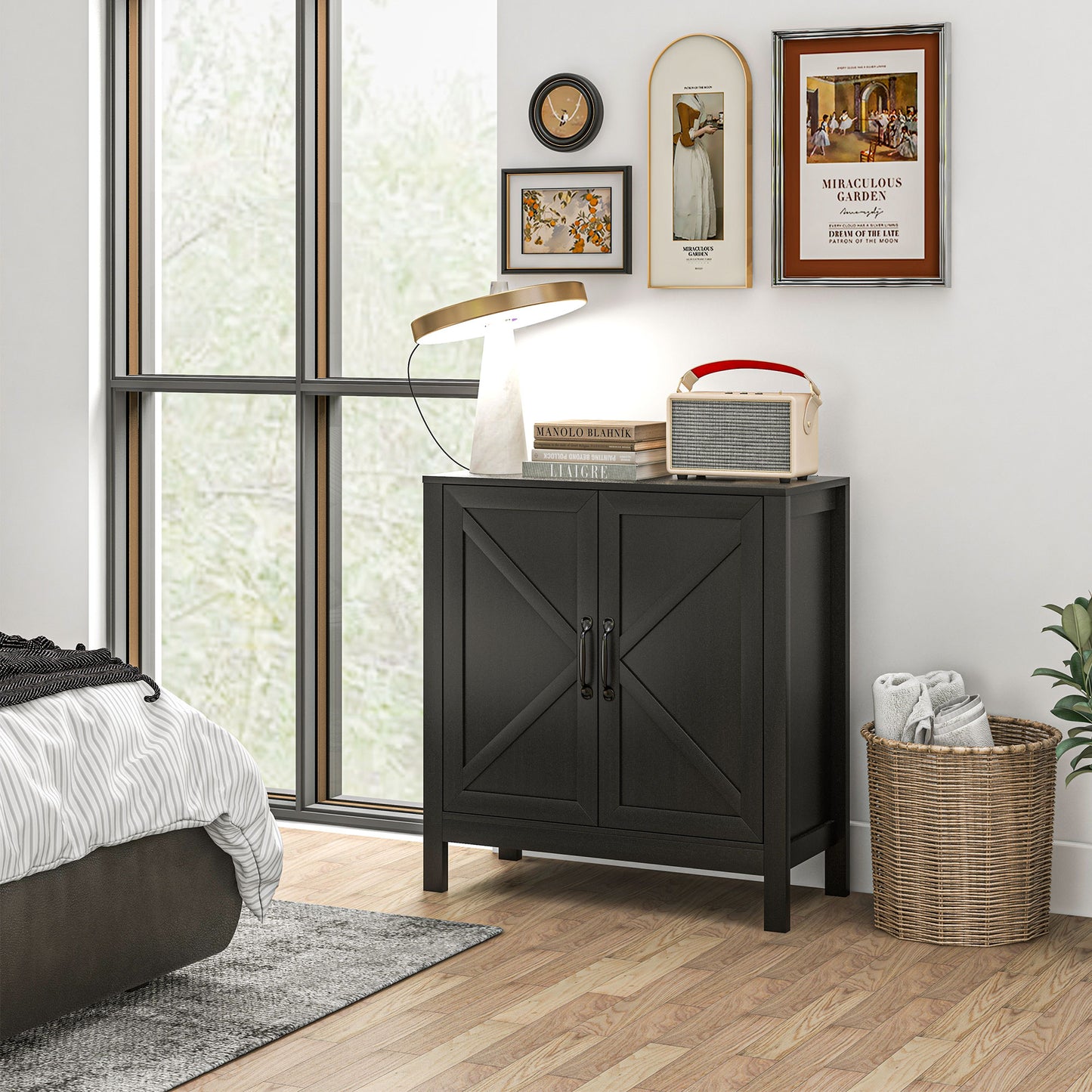 Sideboard Buffet, Kitchen Storage Cabinet with Barn Door and Adjustable Shelves, Storage Pantry, Black Oak