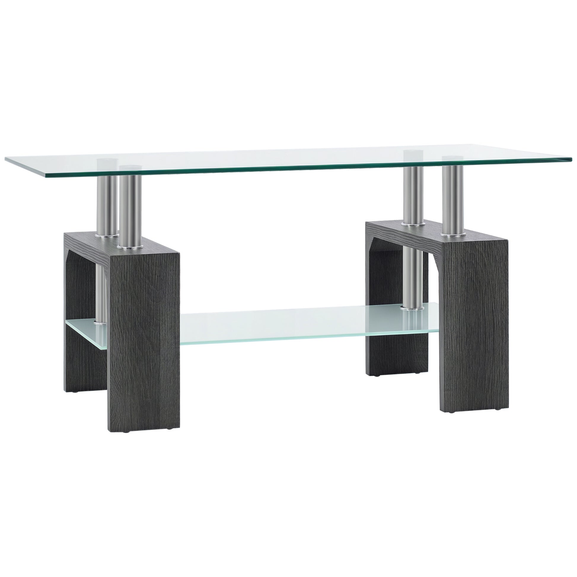 Rectangle Glass Coffee Table, 2-Tier Center Table with Tempered Glass Top and Storage Shelf for Living Room, Grey