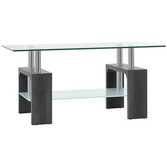Rectangle Glass Coffee Table, 2-Tier Center Table with Tempered Glass Top and Storage Shelf for Living Room, Grey