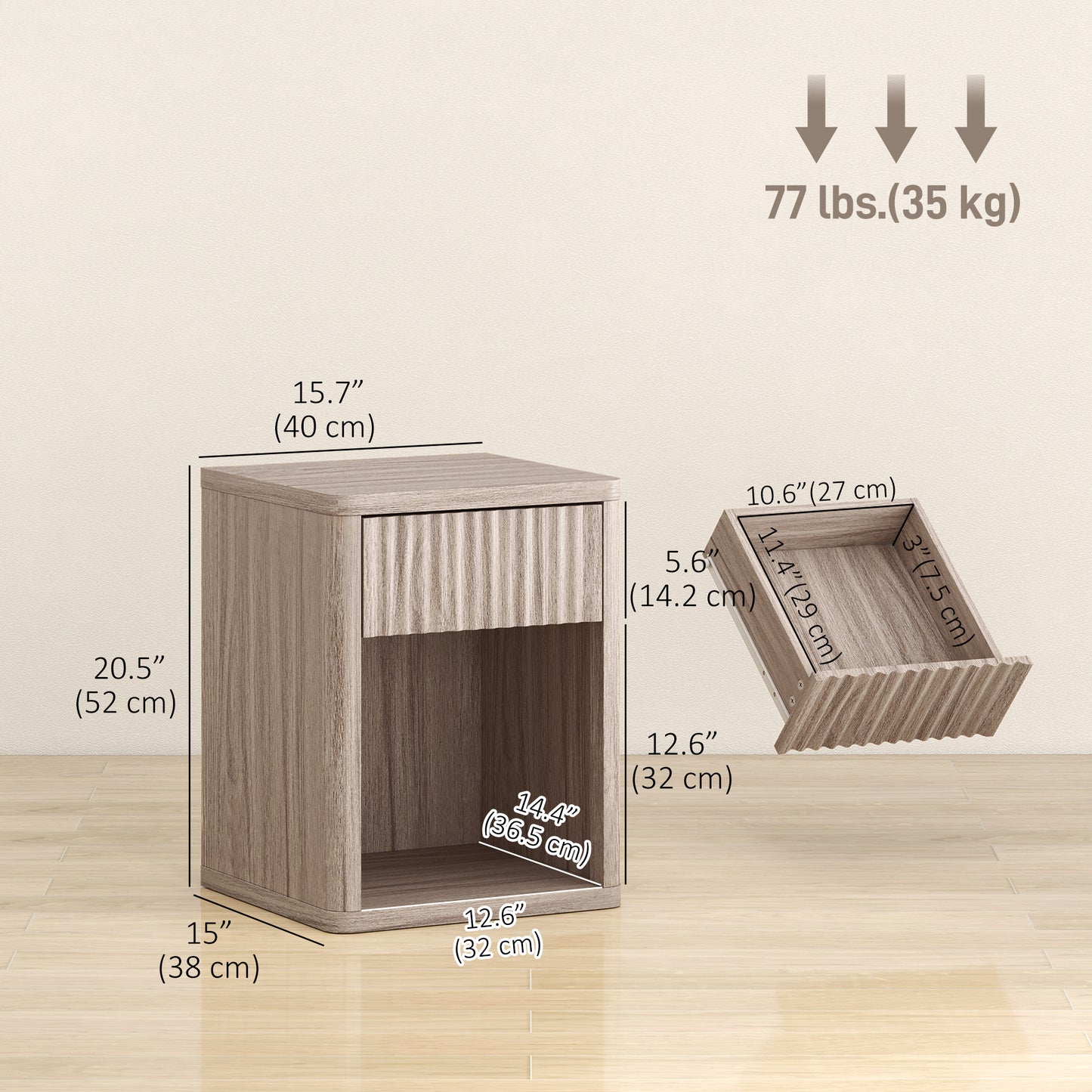 Nightstand with Drawer and Open Shelf, Modern Bedside Table Set of 2 for Bedroom Living Room, Grey