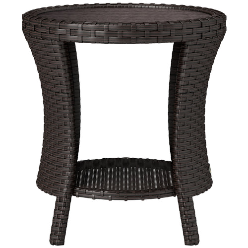 18" Wicker Outdoor Coffee Table, PE Rattan Patio Side Table with 2-Tier Storage, Composite Wood Top, Brown