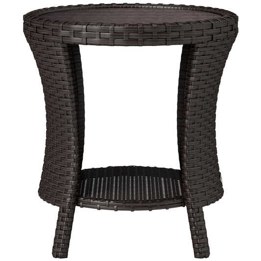 18" Wicker Outdoor Coffee Table, PE Rattan Patio Side Table with 2-Tier Storage, Composite Wood Top, Brown