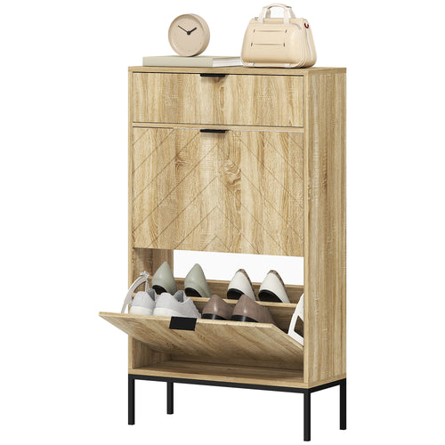 Narrow Shoe Storage Cabinet with Flip Drawers, Shoe Cabinet with Adjustable Shelves, Sliding Drawer, Holds 8 Pairs, Oak