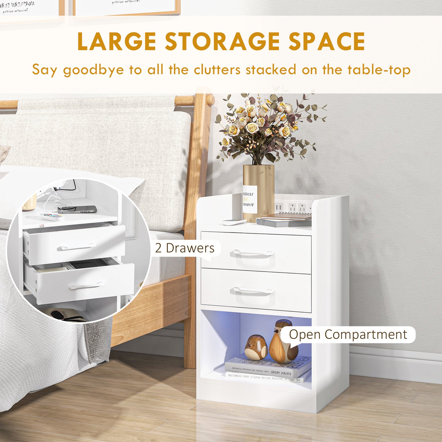 Tall Nightstand with Charging Station and LED Lights, Small Bedside Table with AC Outlets, USB Ports, 2 Drawers, Shelf