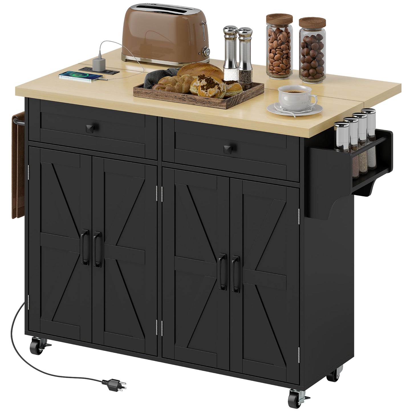 Kitchen Island with Storage, Rolling Kitchen Cart with Charging Station, Drop Leaf, Spice Rack, Towel Rack, Drawers
