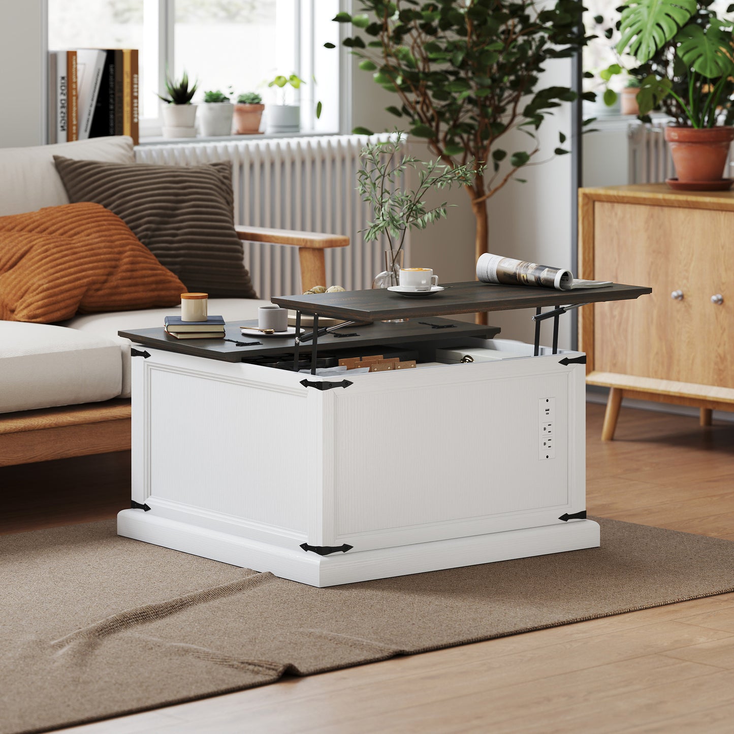 Lift Top Coffee Table with Charging Station, Square Farmhouse Center Table with Hidden Storage, White Wood Grain