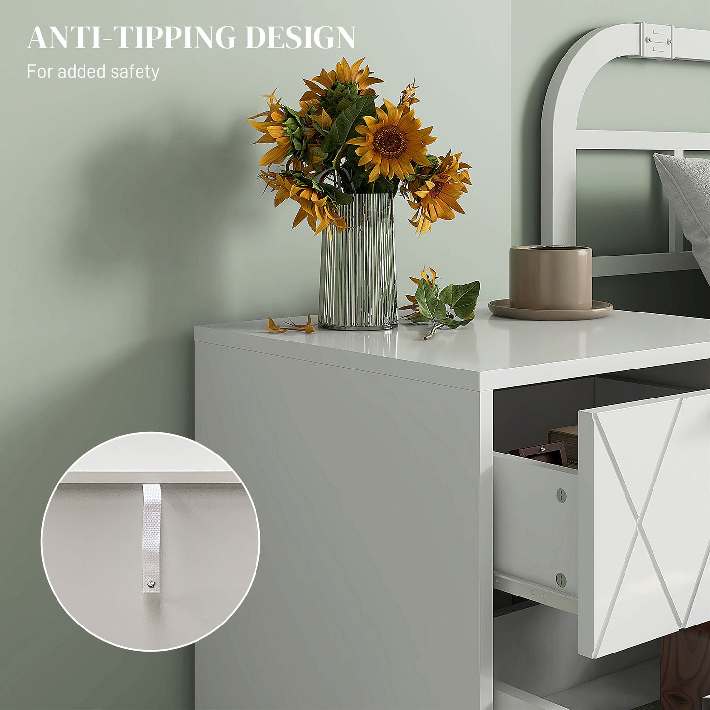 Modern Bedside Table, Accent Nightstand with 2 Drawers, Bed End Table for Bedroom, Living Room, White
