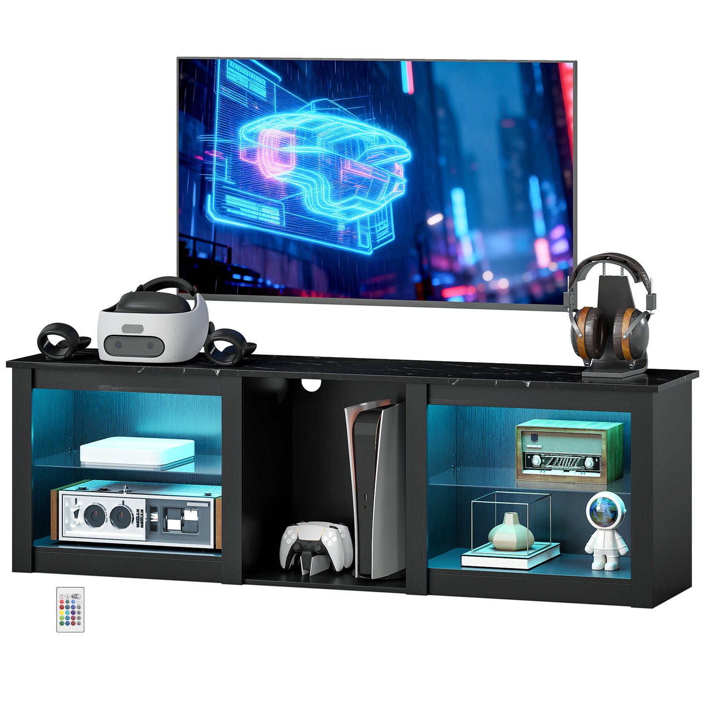 TV Stand with LED Lights, Modern Entertainment Center with Adjustable Glass Shelves, for TVs up to 65 Inch, Black