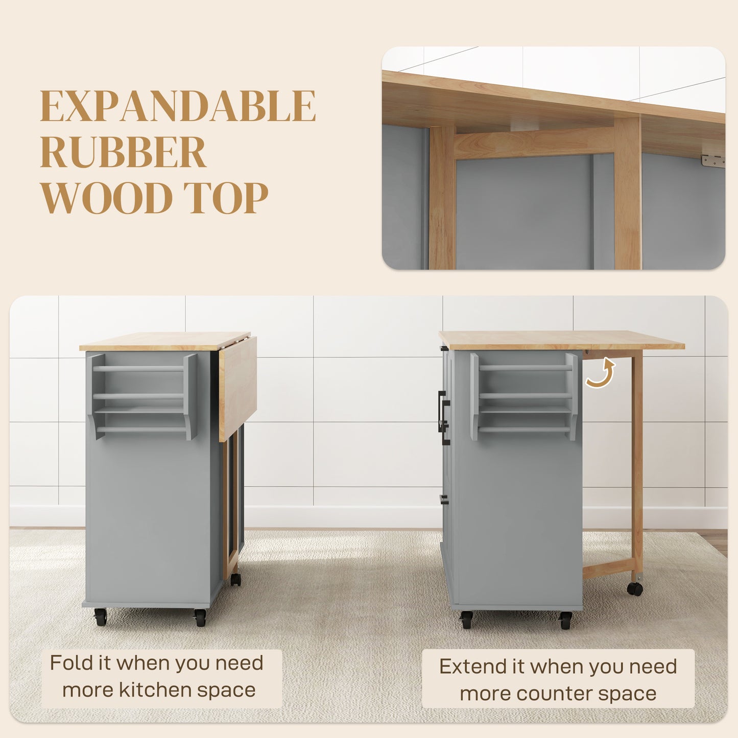 Rolling Kitchen Cart on Wheels with Drop Leaf, Kitchen Island with 3 Drawers, Solid Wood Top and Towel Rack, Grey