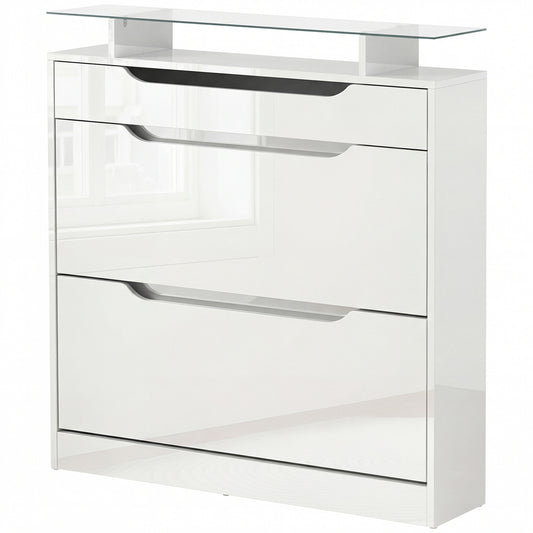 High Gloss Shoe Cabinet with 2 Flip Drawers and Adjustable Shelves, Narrow Shoe Storage Cabinet with Glass Top, White
