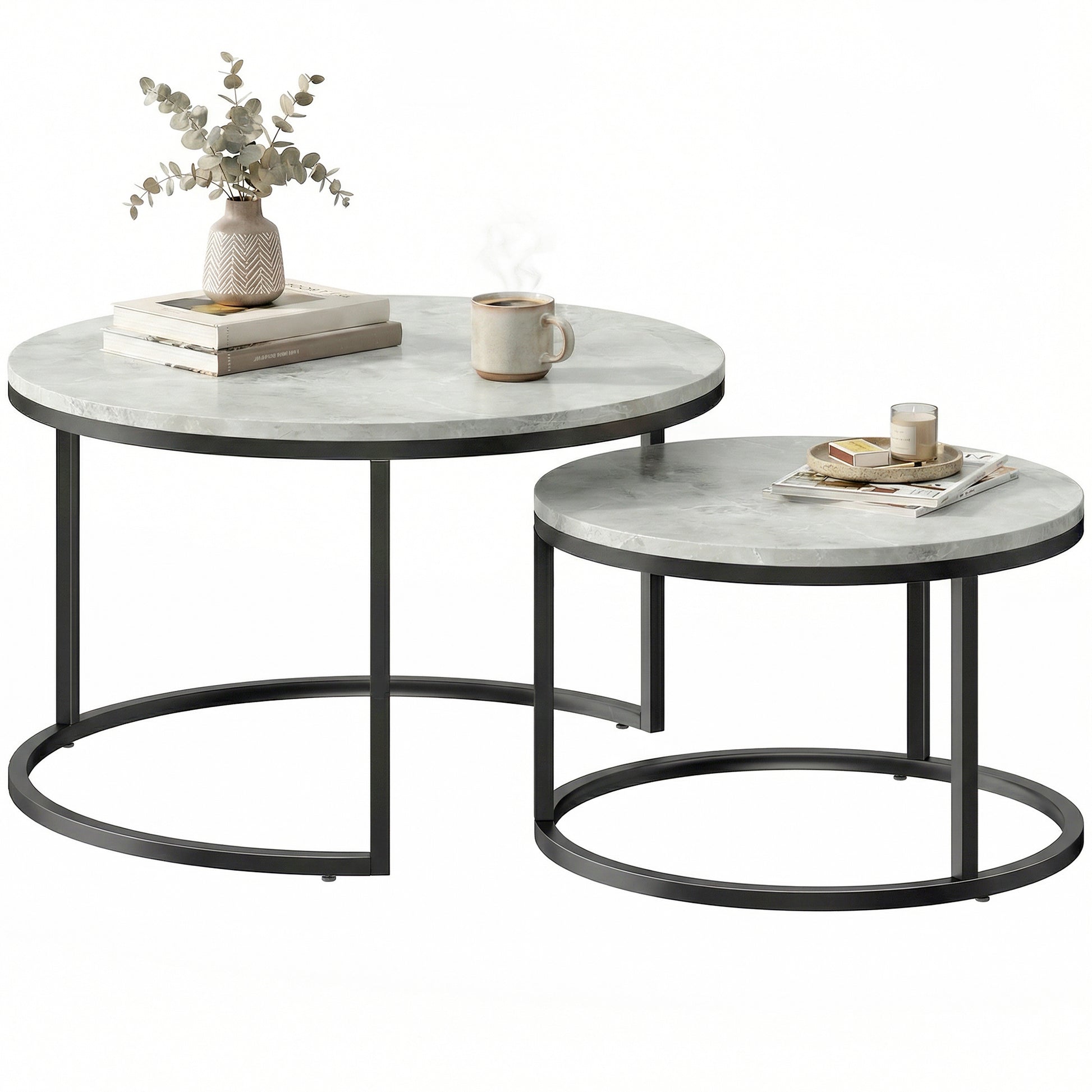Modern Coffee Table Set of 2, Nesting Side Tables w/ Metal Base for Living Room Bedroom Office Marble Grey