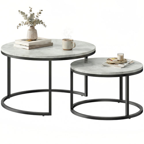 Modern Coffee Table Set of 2, Nesting Side Tables w/ Metal Base for Living Room Bedroom Office Marble Grey