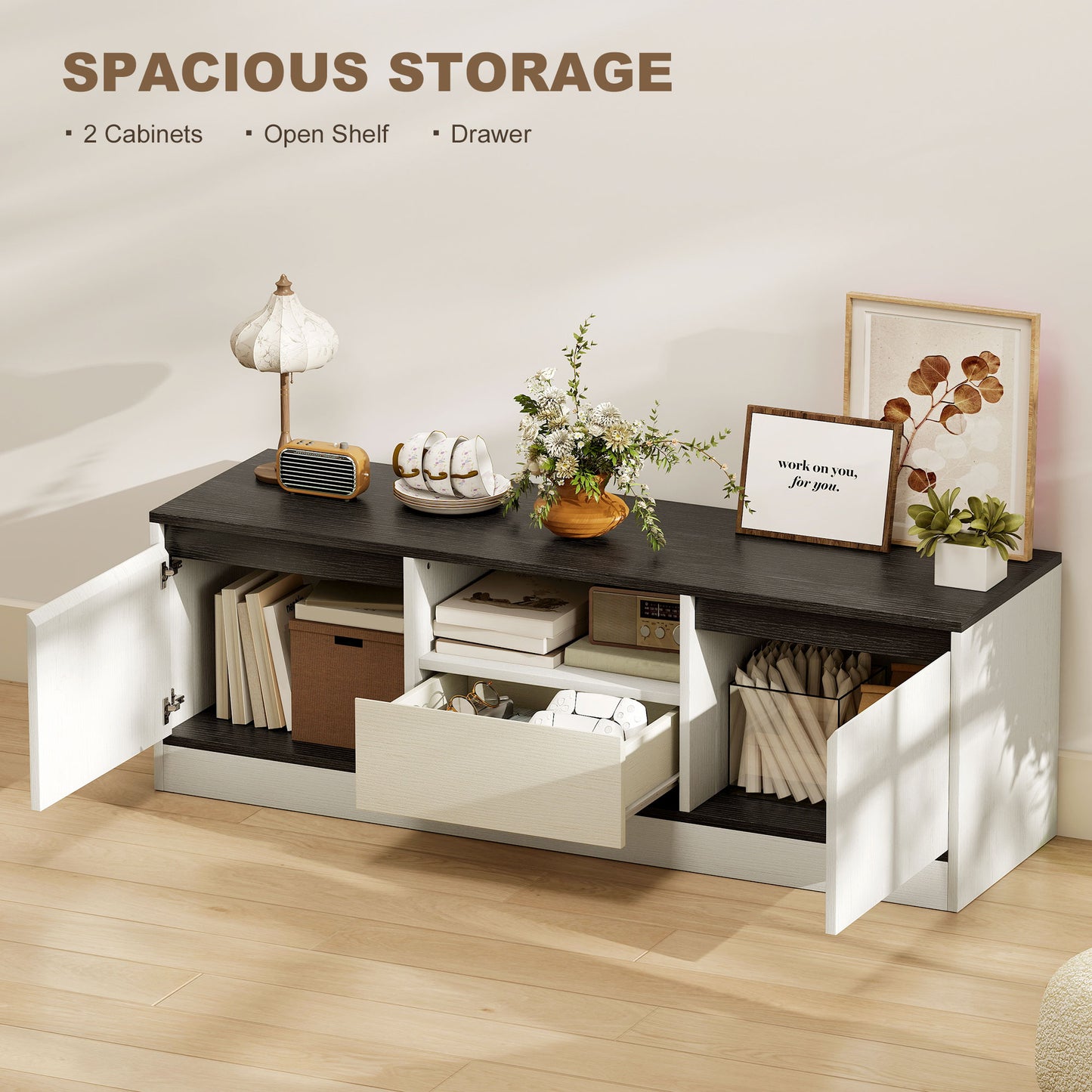 TV Stand for 43-55 Inch TV,  Entertainment Center w/ Cabinets, Shelf, Drawer and Cable Management for Living Room, White