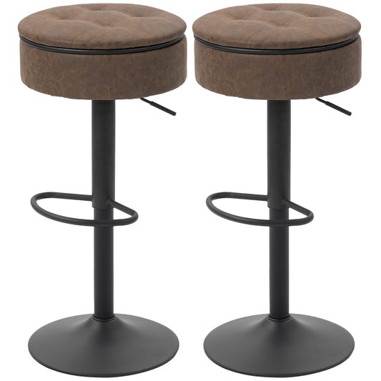Set of 2 Barstools with Storage, Swivel Bar Stools with PU Leather Upholstered, Footrest, Steel Base, Brown