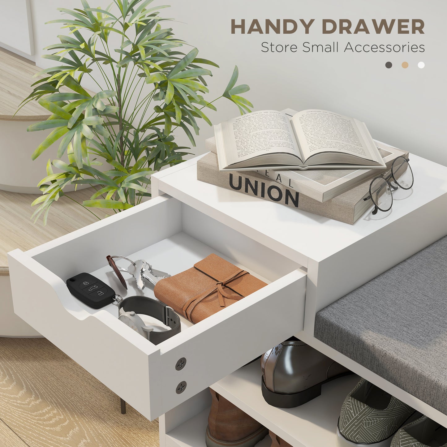 Upholstered Shoe Storage Bench, Hallway Shoe Storage with Seat, Drawer, 3 Open Shelves for Entryway, White